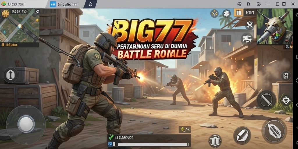Screenshot gameplay BIG77 menampilkan aksi pertempuran Battle Royale yang mendebarkan.
