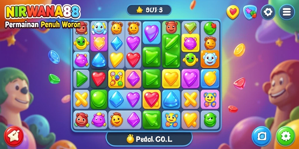 Tampilan gameplay NIRWANA88 dengan grafis Match-3 yang memukau.