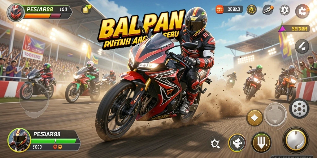 Screenshot gameplay PESIAR88 dengan aksi balapan motor yang seru.
